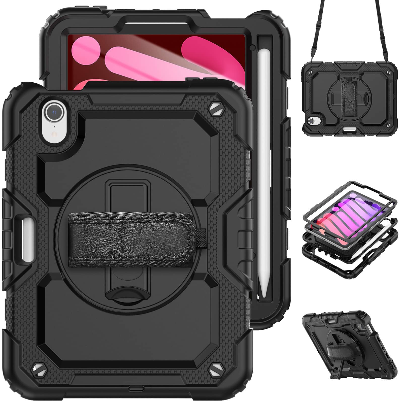 Capa para iPad Mini 7 (A17 Pro) 2024/ Mini 6 8,3 '' com protetor de tela porta-lápis [alça de mão giratória 360] e suporte à prova de choque