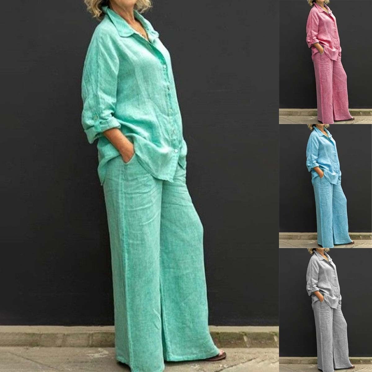 Lente- en zomerpak dames, revers lange mouwen los overhemd, hoge taille wijde pijpen broek, casual tweedelig set