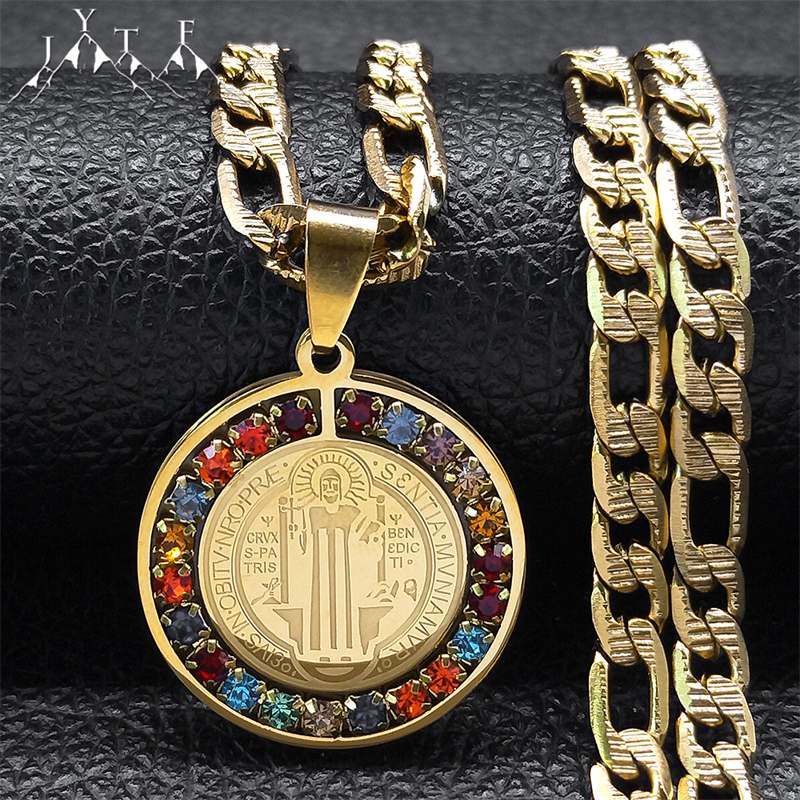 Collar con medalla de San Benito de cristal colorido, collares de cadena de Color dorado de acero inoxidable para hombres y mujeres, joyería San Benito N8391S05