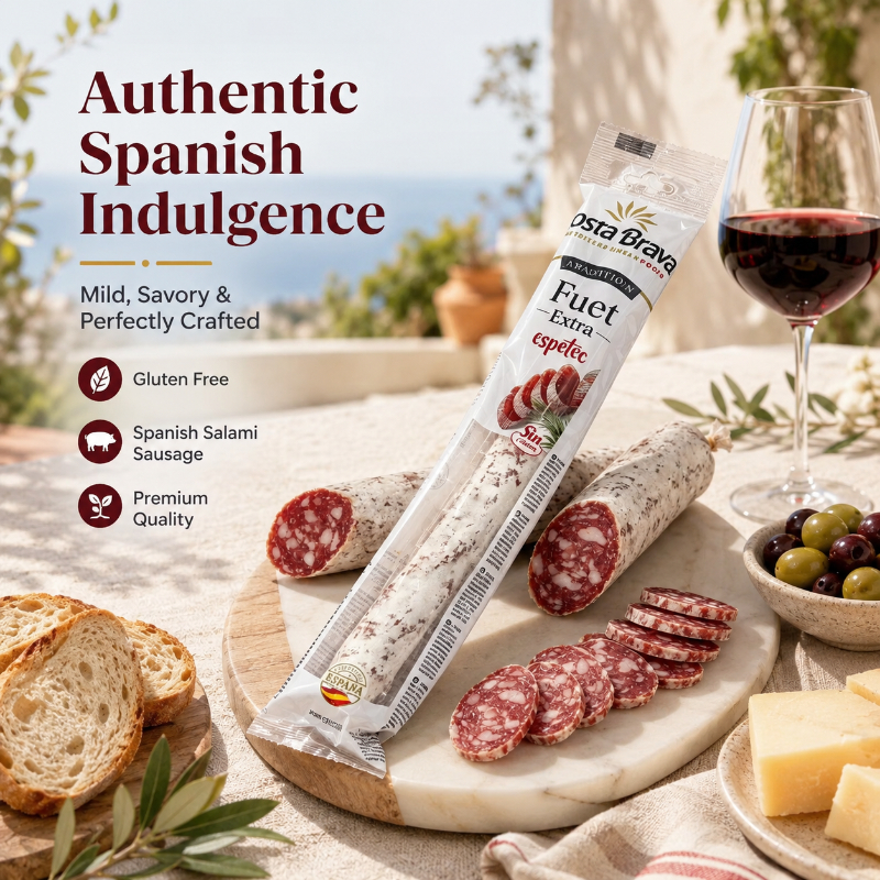 Snack de Charcutaria Mediterrânea, Salame Espanhol da Costa Brava, Salsicha Extra Fuet, Salsicha de Porco Curada Premium, Sem Glúten, Secada ao Ar