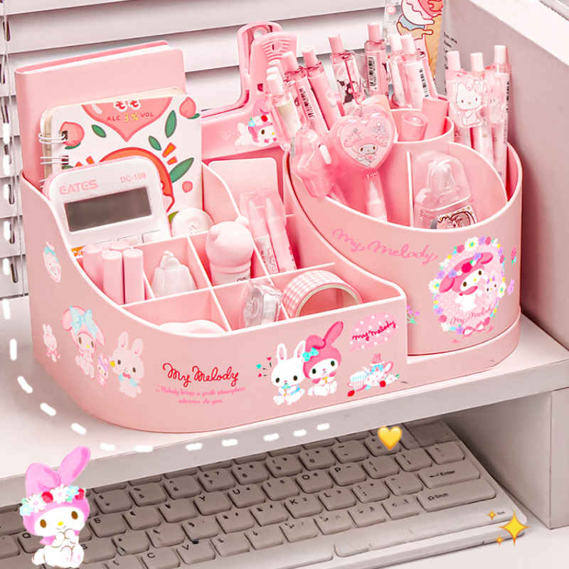 Miniso Sanrio вращающийся держатель для ручек, ящик для хранения канцелярских принадлежностей, милая стойка для хранения, органайзер большой емкости, наклейка Kawaii Kuromi Melody
