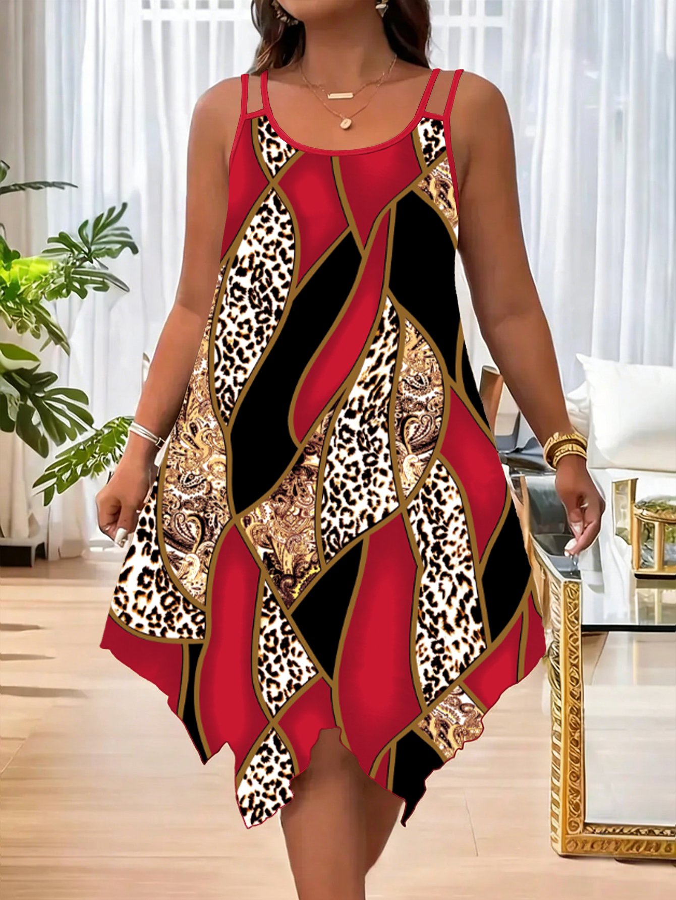 Robe asymétrique à rayures géométriques imprimées à double bretelle pour femmes grandes tailles