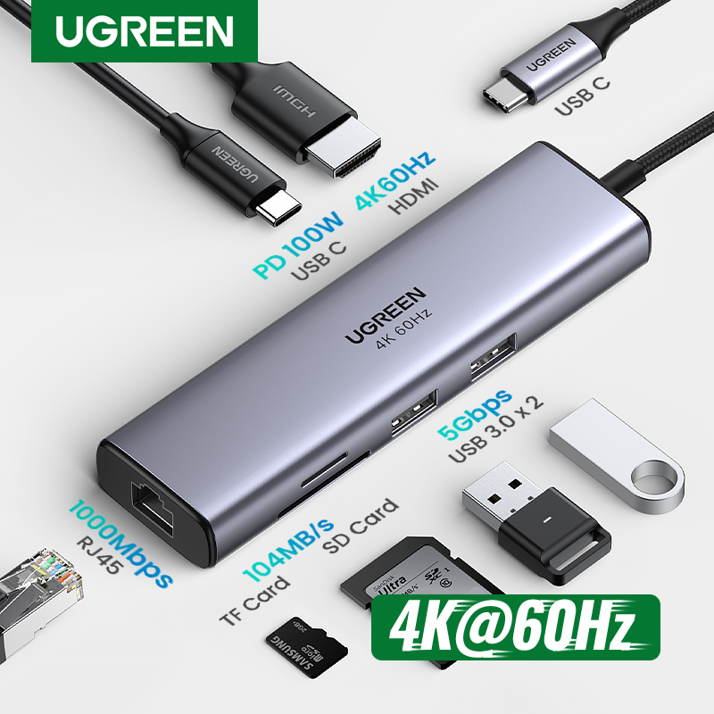 UGREEN USB C HUB 4K60Hz 7-in-1 ประเภท C ถึง HDMI PD100W SD และ TF RJ45 USB3.0 5Gbps สําหรับ MacBook แล็ปท็อป USB Splitter Docking Station