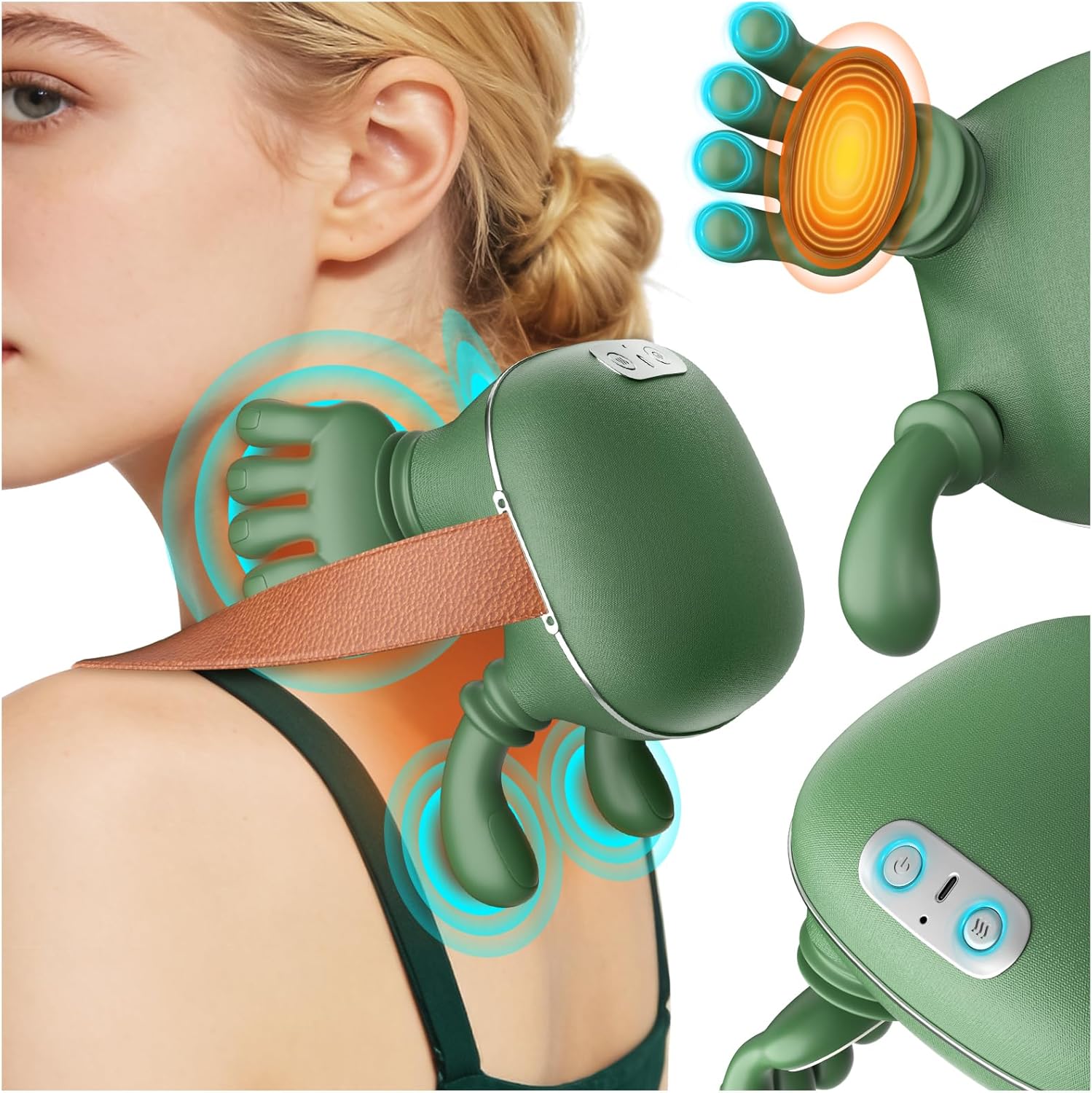Masajeador inalámbrico para cuello y espalda con calor, masaje Shiatsu 4D de amasamiento profundo para hombros, cervicales y trapezius.