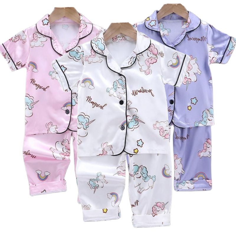 Meninas pijamas calças definir verão roupas com ar condicionado da criança meninos lce seda cetim dos desenhos animados unicórnio camisola 2 pçs outfit