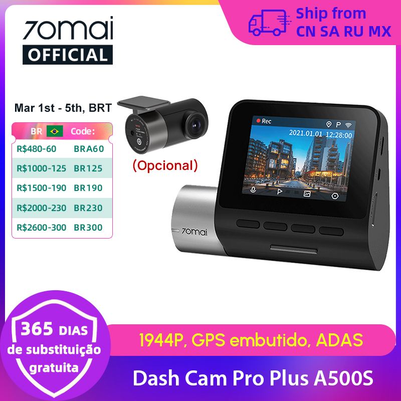 70mai Dash Cam Pro Plus A500S 1944P ADAS GPS Câmera 70mai Front Cam A500S 140FOV Carro DVR 24H Suporte de Estacionamento Câmera Interior Traseira