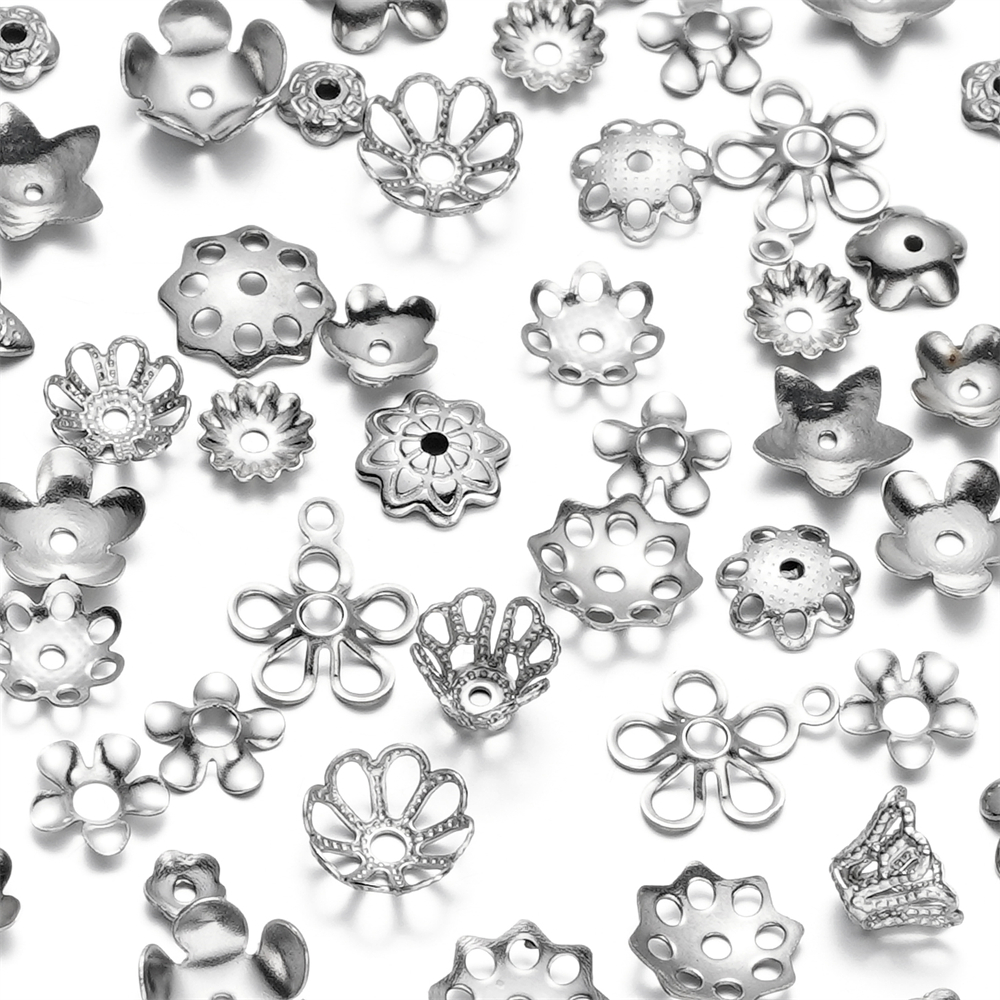 Embouts de perles en acier inoxydable, 15 styles, 50 pièces/lot, pour la fabrication de bijoux, couture, capuchons de perles d'espacement, accessoires de bricolage