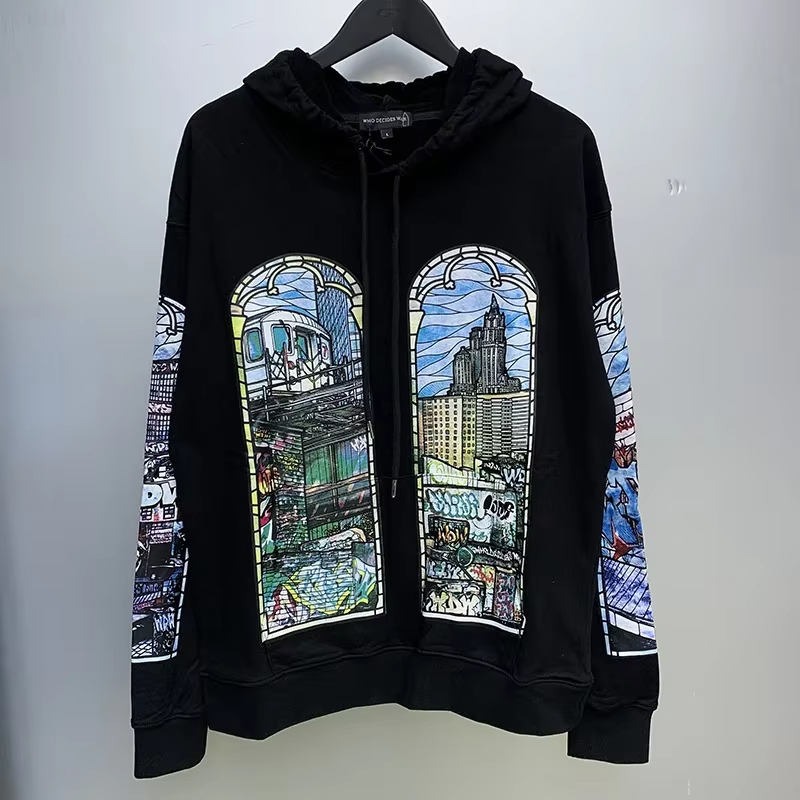 Bluza z kapturem WHO DECIDES WAR, kolor niebieski kremowy, nadruk Hot Drill, efekt sprania vintage, unisex, wysokiej jakości bluza codzienna