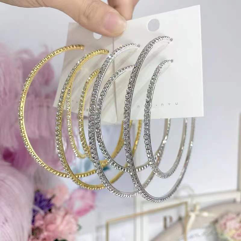 30-80 มม.ต่างหูห่วงใหญ่สําหรับผู้หญิงหญิงวงกลมคริสตัล Rhinestone ต่างหูสีดําทองเงินสีรอบต่างหูของขวัญ PARTY