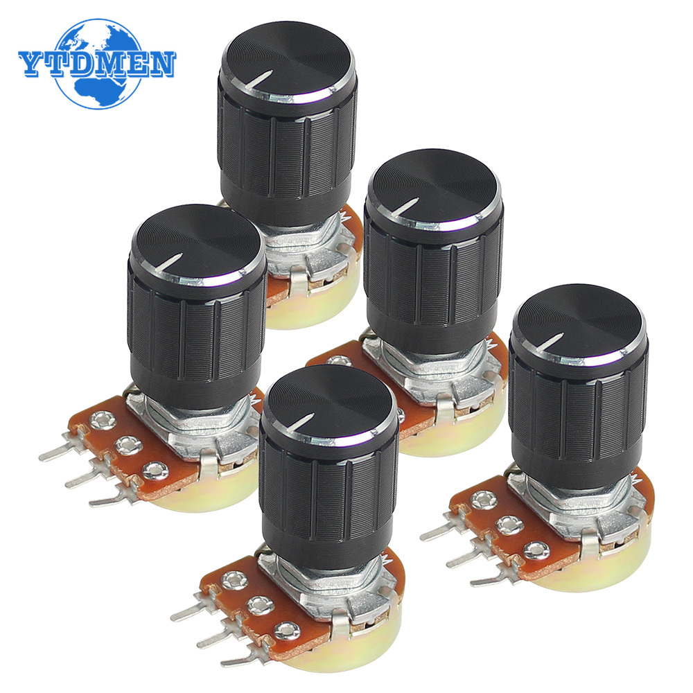 5 Set WH148 Lineaire Taper Roterende Potentiometer Weerstand 15mm 3pin 1K 2K 5K 10K 20K 50K 100K 250K 1M met Zwarte Aluminium Knop Kit
