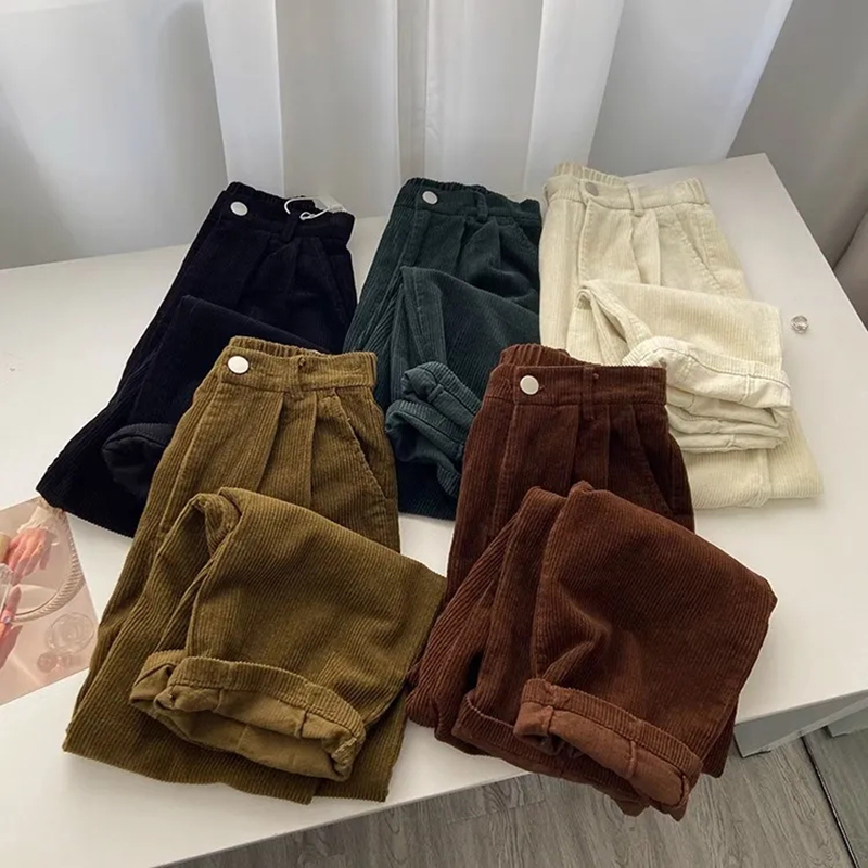 Retro High เอว Corduroy กางเกงผู้หญิงฤดูใบไม้ผลิฤดูใบไม้ร่วงตรง Causal ความยาวเต็มกางเกงเกาหลีแฟชั่น Baggy ทั้งหมดกางเกงสีดํา