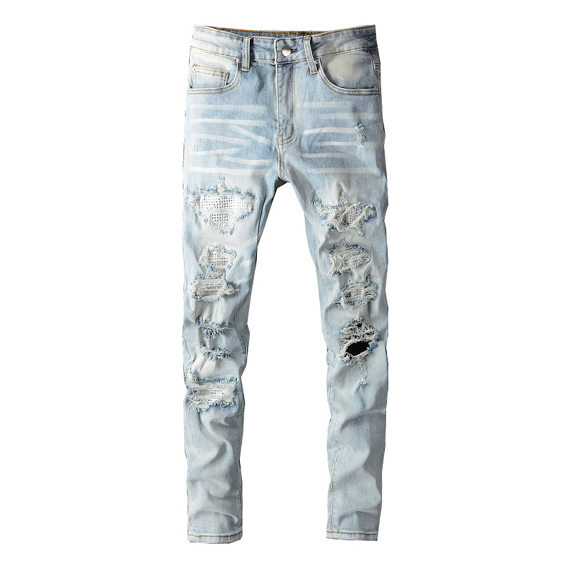 Mężczyźni Crystal Holes Ripped Patchwork Jeans Streetwear Light Blue Denim Slim Skinny Pencil Pants Trousers