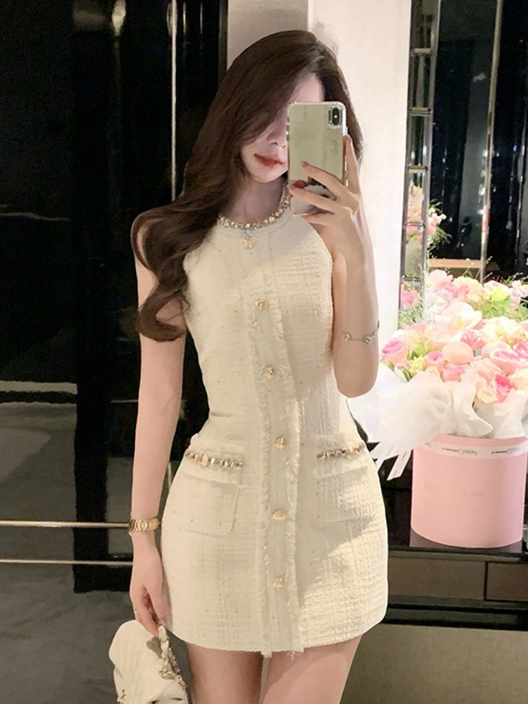 Coreano doce tweed pequena fragrância vestidos curtos para as mulheres 2025 moda luxo miçangas vestido de verão hotsweet sexy vestido de festa
