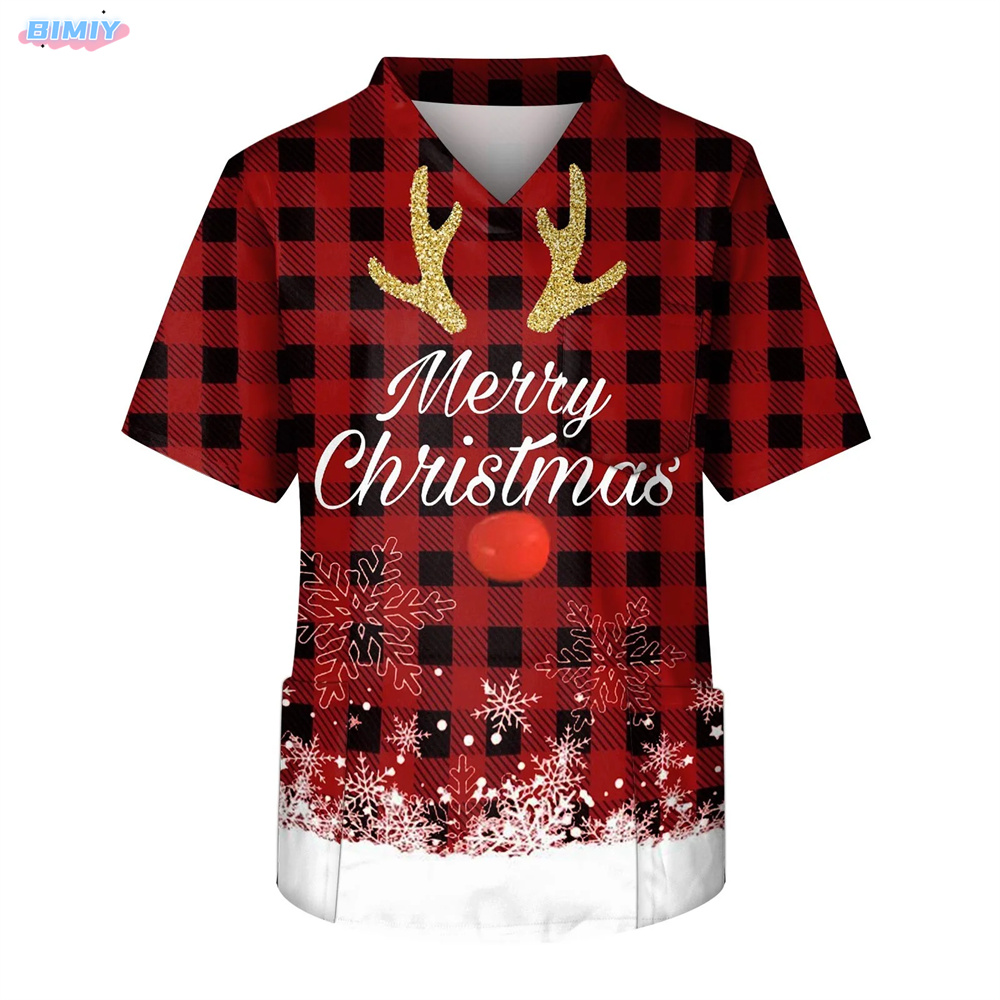 Weihnachts uniform medizinische Blusen Baumwolle Cartoon gedruckt Arbeit tragen atmungsaktive kurz ärmel ige Top Arzt Krankens ch wester medizinische Peeling-Shirt