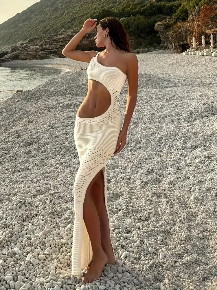 Vestido largo de punto Y2k para mujer, vestido playero recortado, ropa de playa, vestido Sexy de un hombro, vestido ajustado de ganchillo, traje de fiesta y Club K25
