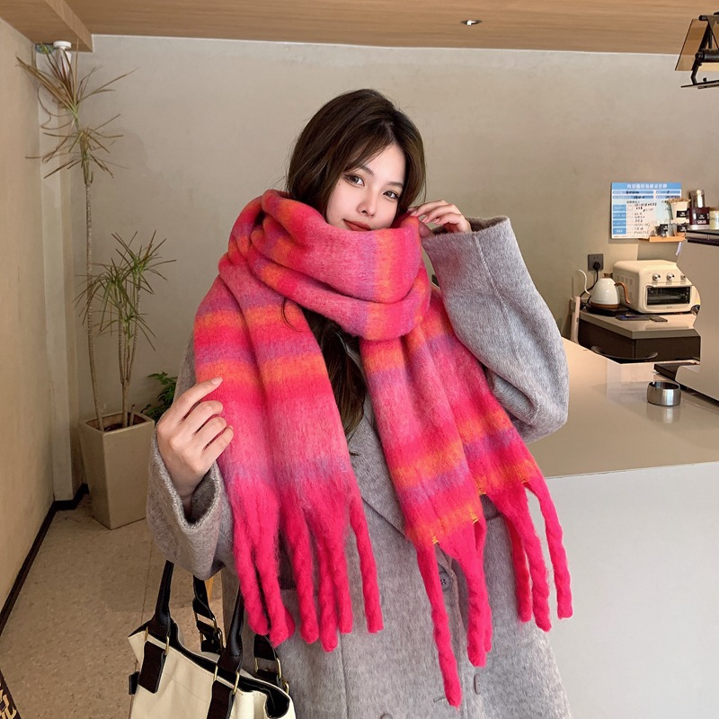 Versão coreana do novo feminino outono-inverno vintage gradiente cor listrado cachecol estudante pescoço engrossado xale quente
