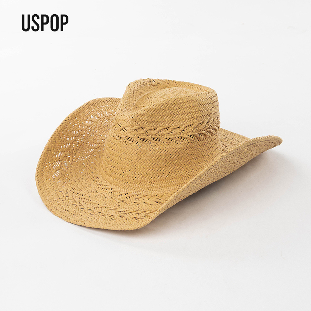 USPOP Cappello da Cowboy Estivo da Donna in Paglia Intrecciata a Mano, Cappello da Sole Western a Tesa Larga in Paglia di Carta, Cappello da Spiaggia per Vacanze M L