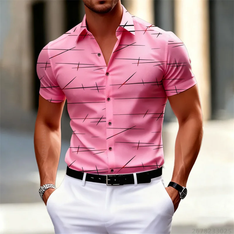 Camisa Masculina de Manga Curta com Estampa Geométrica de Linhas, 18 Cores, Nova Coleção 2026, Estilo Casual Urbano, Gola Slim, Tecido Confortável