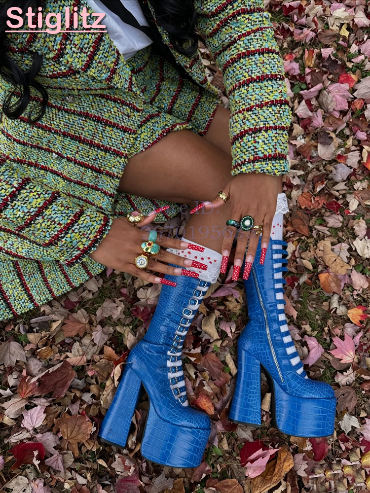 Nouvelles Bottes à Boucles Bleu Foncé, Sandales à Plateforme et Talon Carré, Bout Rond, Motif Crocodile, Talons Hauts, Chaussures Lolita pour Femme 2026