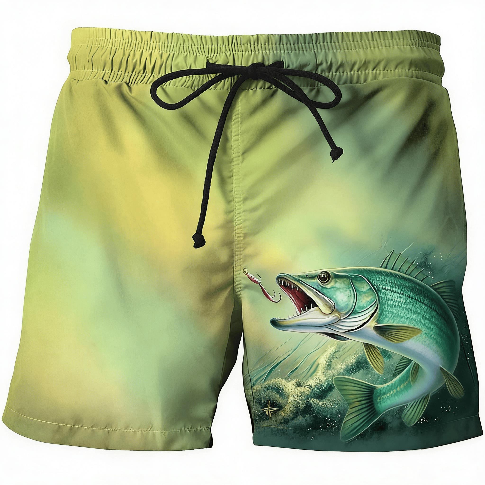 Herren-Shorts mit gelb-grünem Farbverlauf und realistischem Fischmuster, Kordelzug-Shorts, coole Angel- und Freizeitshorts für Frühling und Sommer, lockere Strandshorts
