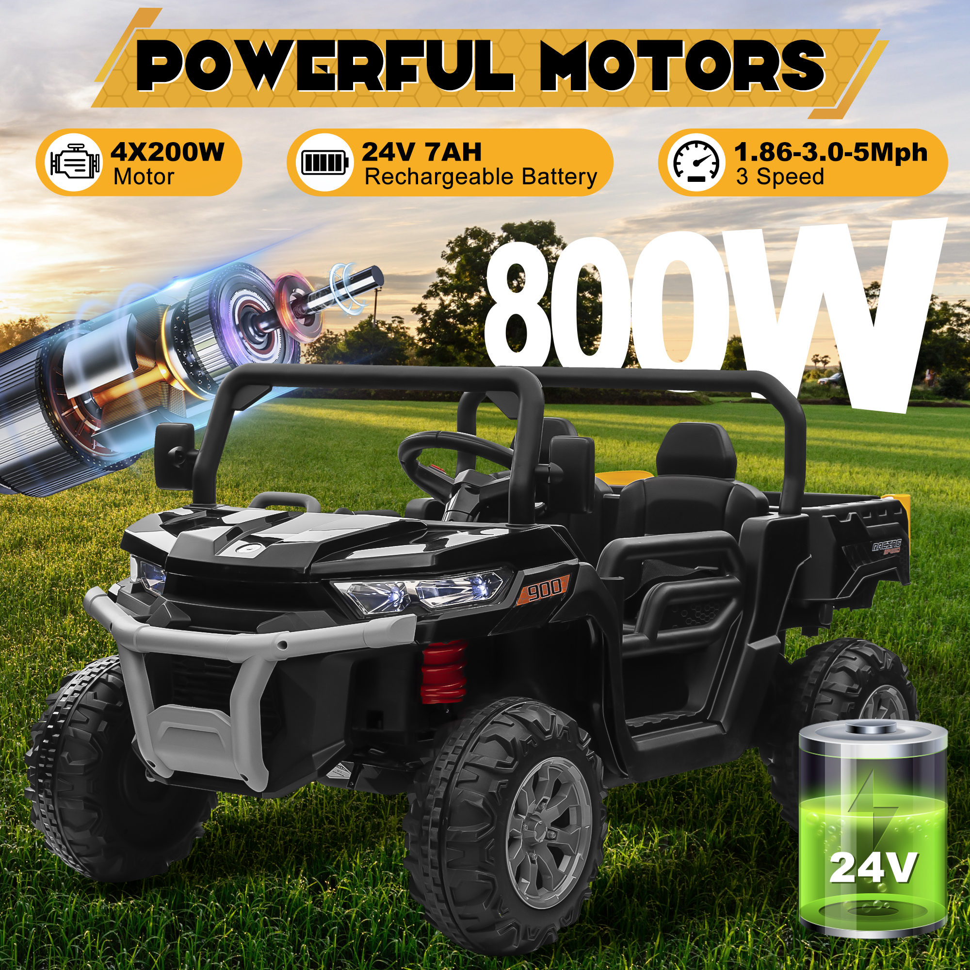 24V Ride on Dump Truck, 2-miejscowy samochód elektryczny UTV dla dzieci z pilotem 2,4G, 4 koła, muzyka Bluetooth, światła LED, 24 V Ba
