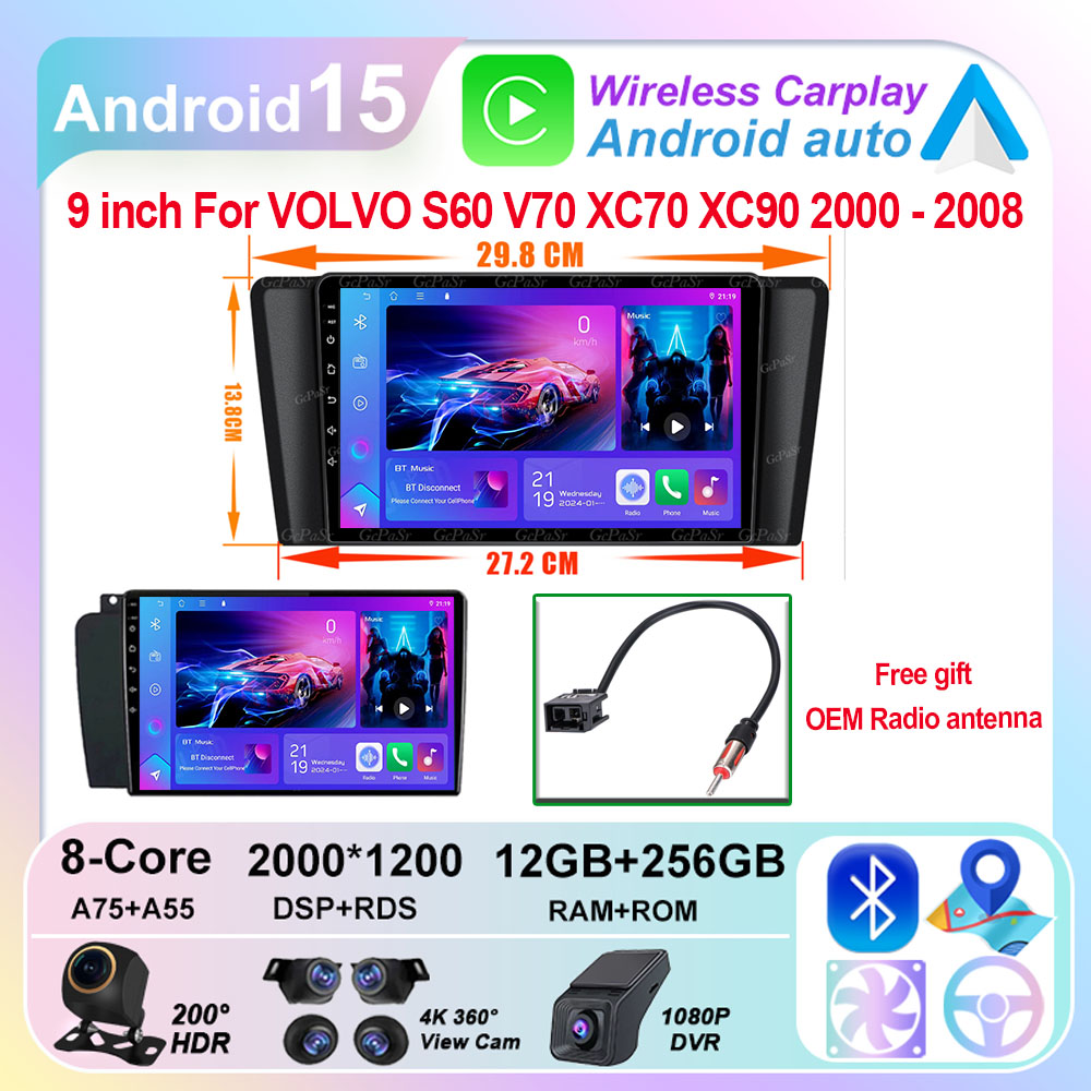 Per Volvo XC70 V70 S60 2004 2005 2006 2007 2008 2009 Android Auto Carplay Autoradio Lettore Video Multimediale WIFI + 4G DSP Stereo