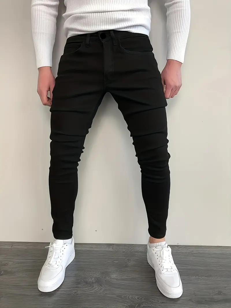 Pantalones vaqueros ajustados elásticos para hombre, Color sólido, negro, azul, Otoño Verano, calle de lujo, estilo Hip-Hop Harajuku, pantalones ajustados