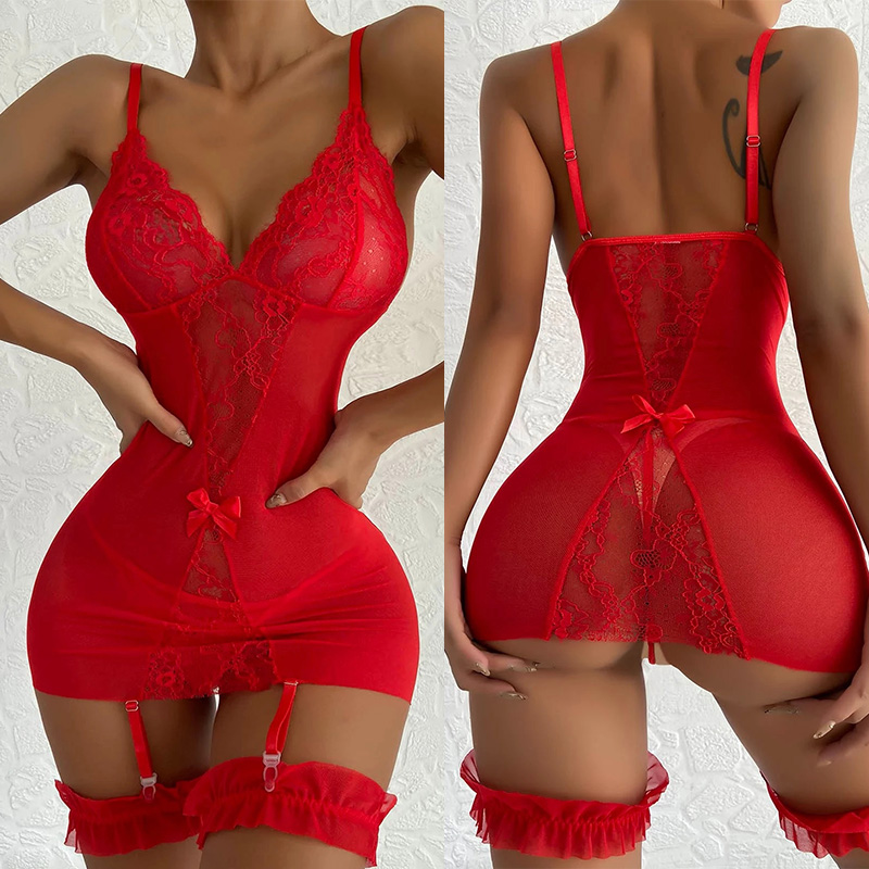 Lingerie da donna Indumenti da notte Donne sexy Camicia da notte in pizzo Abito Babydoll Intimo Reggicalze Maglia Costume sexy da notte
