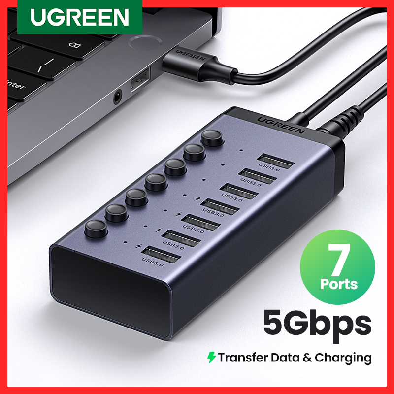 UGREEN USB C Hub Divisor USB3.0 de 7 puertos con interruptor de apagado/encendido individual Indicador LED para computadora de escritorio Extensor de puertos USB para computadora portátil