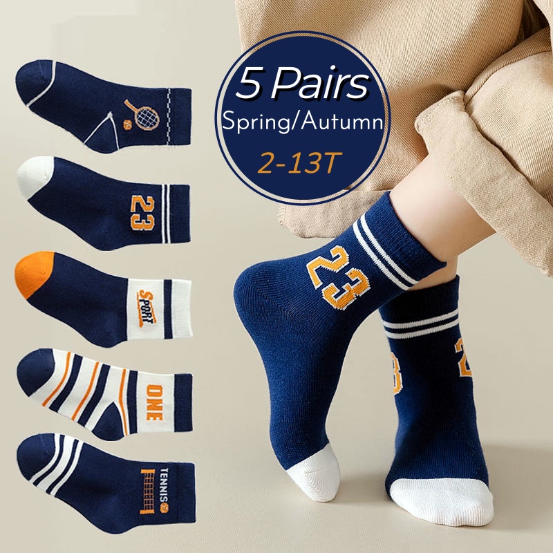 N23 Kindersocken, 5 Paar, Baby-Baumwollsocken, Frühlings- und Sommersocken, Sportsocken für Kinder, Jungen, mit Buchstabenmuster