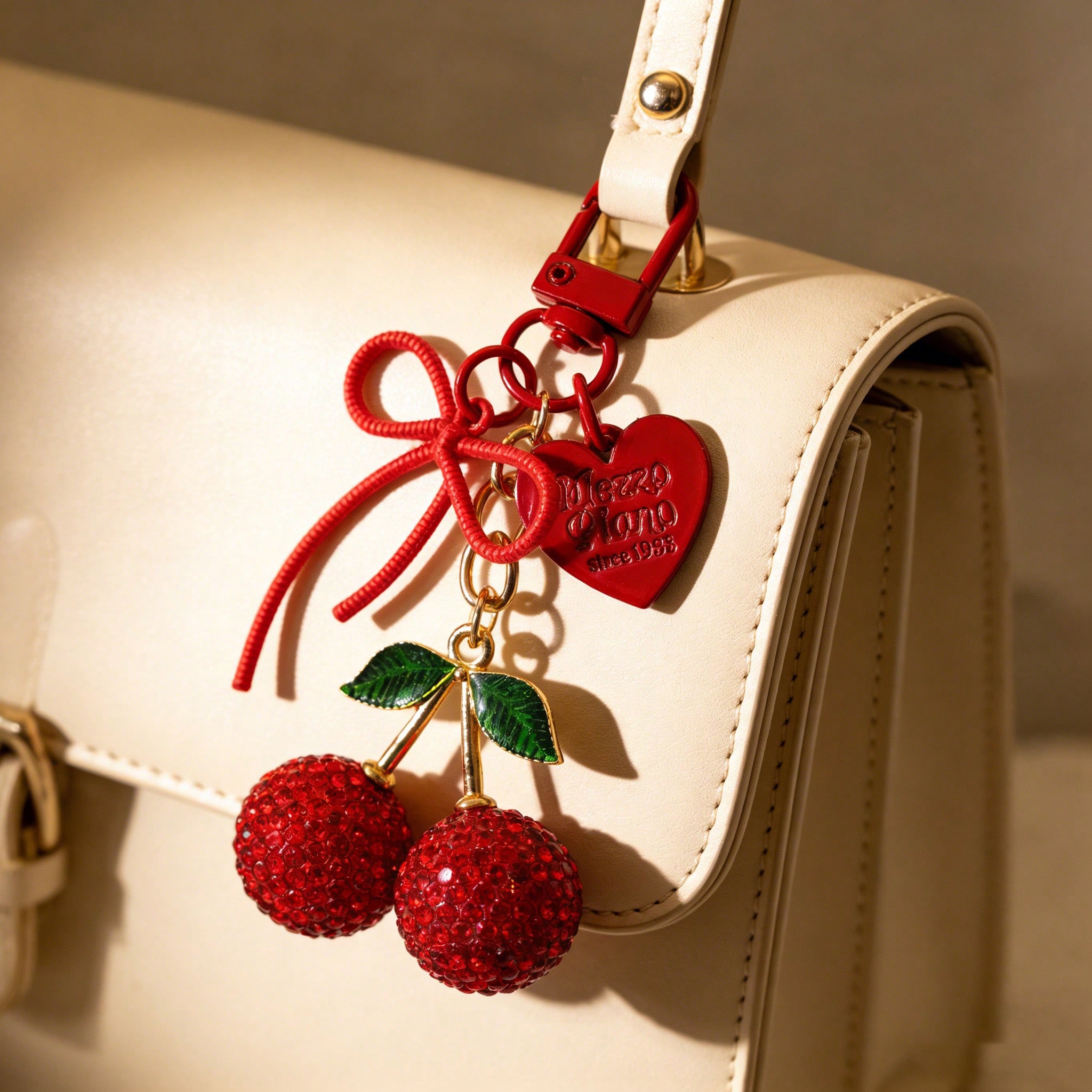1 Stück Großer Roter Strass-Kirsch-Schlüsselanhänger, Funkelnder Roter Kirsch-Anhänger mit Grünen Blättern, Rotem Herz & Schleifen-Charms, Legierungsmetall