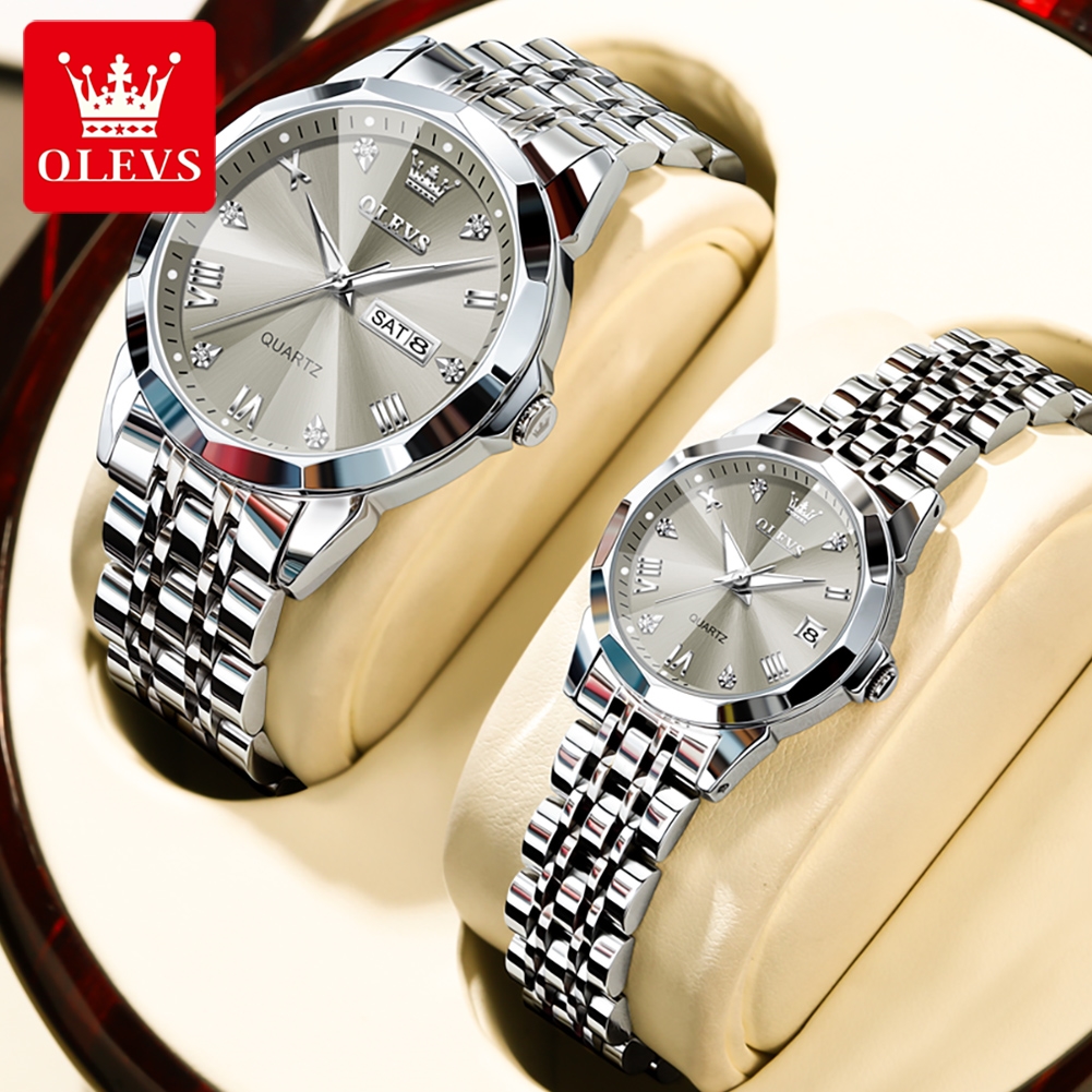 Olevs casal relógios moda tendência original quartzo seu e dela relógio à prova de água luminosa data semana amante presente aniversário novo