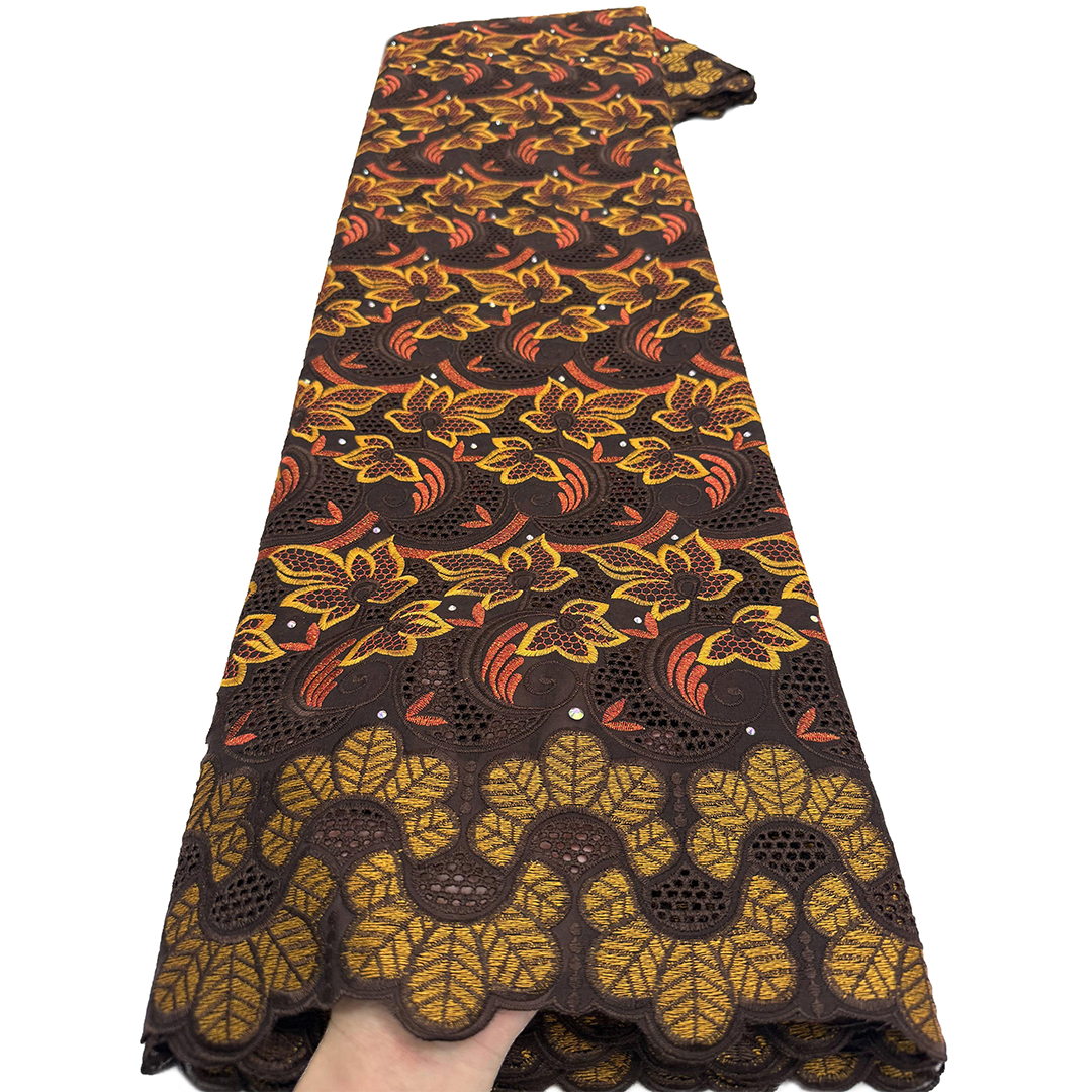 Tecido de Renda Suíça de Algodão Africano de Alta Qualidade com Pedras, Renda Voile Suíça Elegante com Bordado Seco Polido para Vestidos Femininos 5 jardas