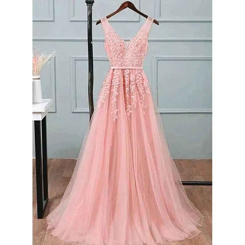 Wunderschöne perlrosa Abendkleider, Illusionsriemen, Spitzenapplikationen, quadratischer Ausschnitt, V-rückenfreie Kleider, schmales A-Linien-Maxi-Party-Abschlussballkleid