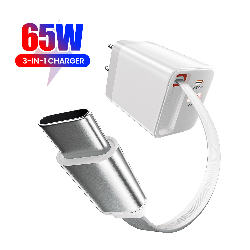 Pd65w usb pd3.0 telefone carregador rápido com cabo retrátil ue/reino unido plug adaptador de alimentação portátil para xiaomi samsung usbc carregador de parede