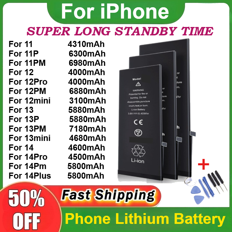 High-Capacity Mobile Phone Battery for IPhone 14 Pro Max 11 Pro 12 13 Mini Pro Max Replacement Lithium Polymer Bateria + Tools