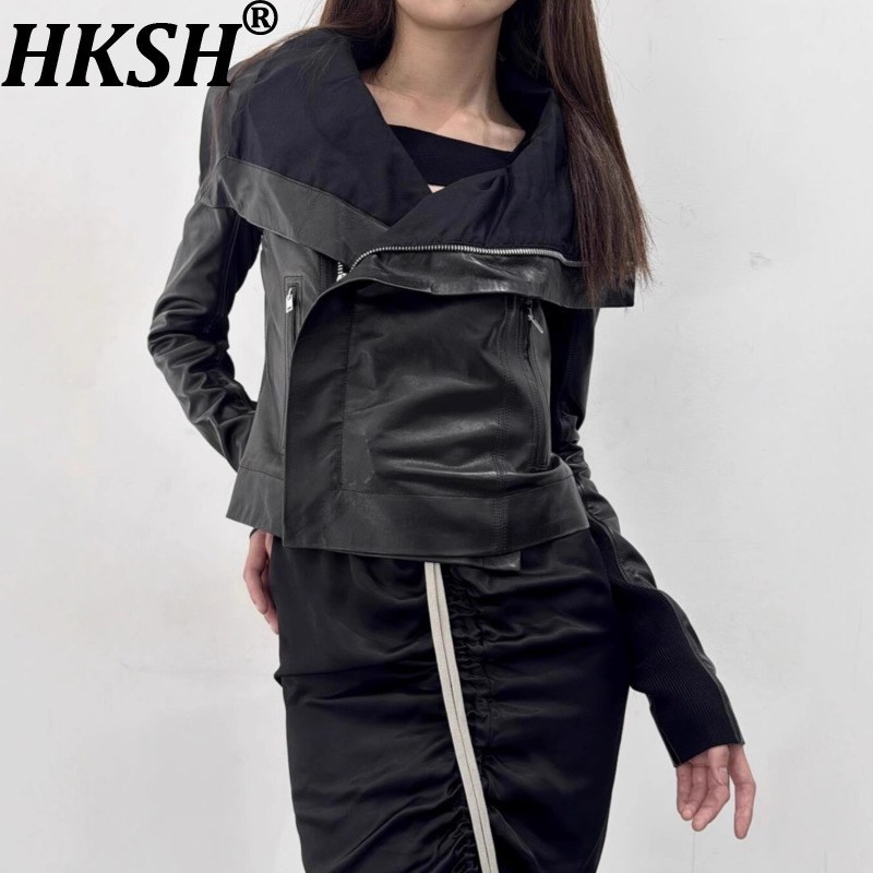 HKSH printemps automne nouvelle veste femme en cuir PU asymétrique poches à glissière coupe ajustée moto Punk foncé manteau court Chic HK15980