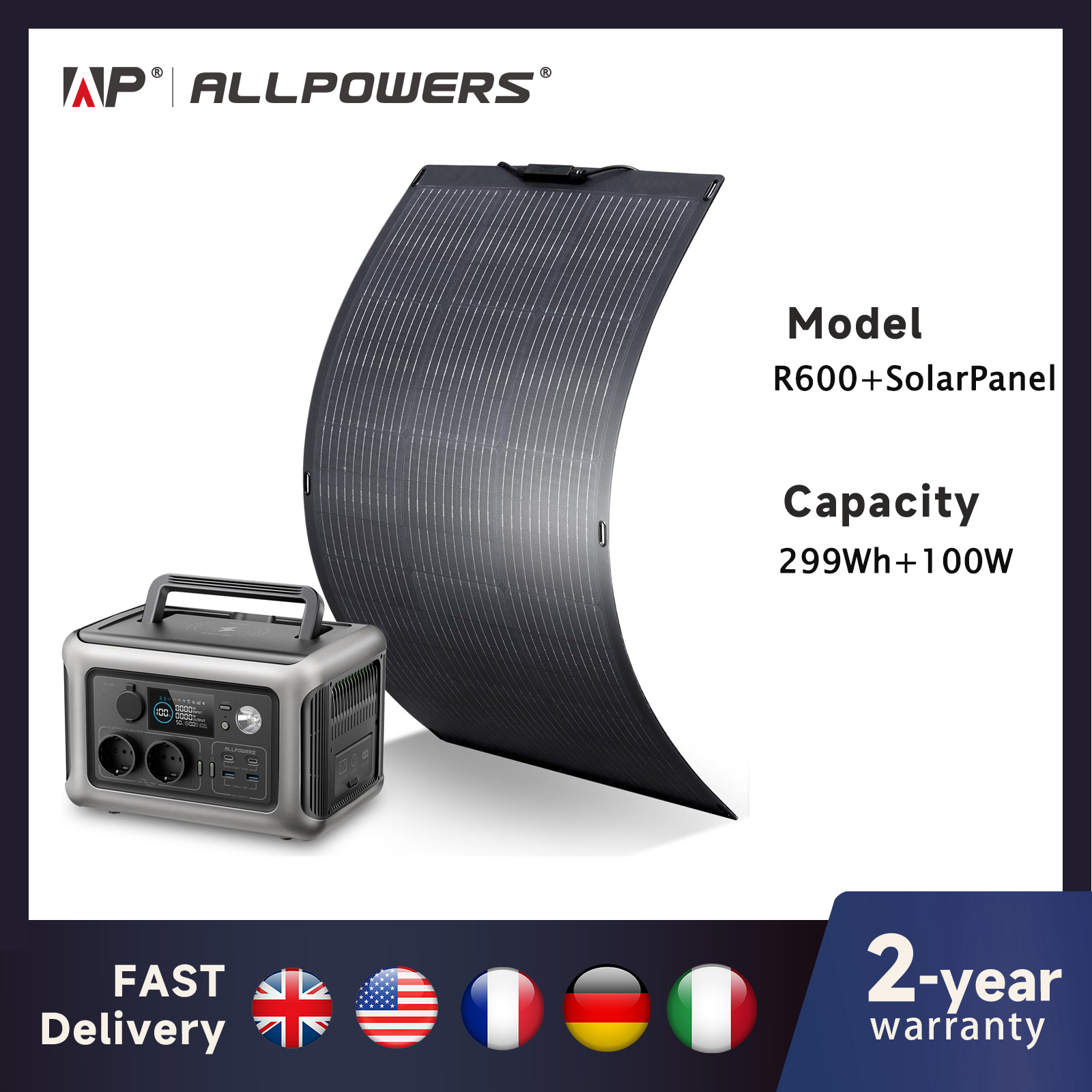 ALLPOWERS R600 Powerstation z panelem słonecznym 100W, bateria LiFePO4 299Wh Generator kempingowy 600W Zasilacz do domu RV zapasowy