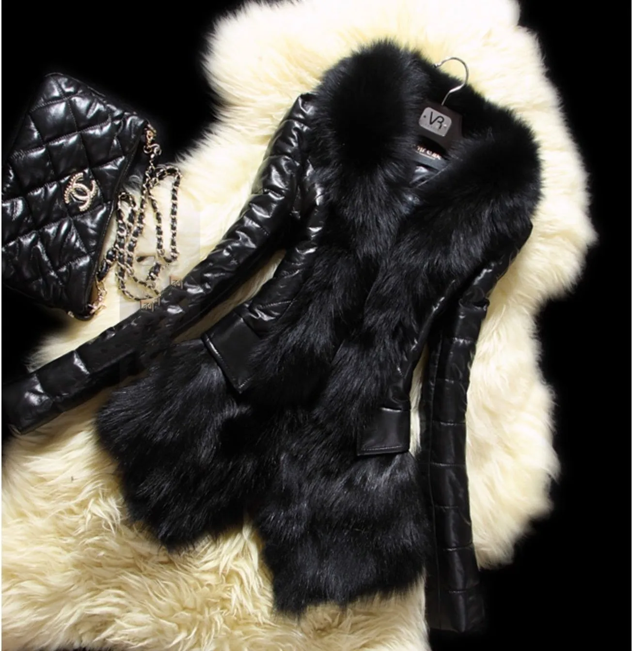 Winter Neue Schlanke Nachahmung Fuchs Pelz Kragen Pelz Pu Leder Langarm Medium Und Lange Mode Straße Spleißen Dünne Mantel