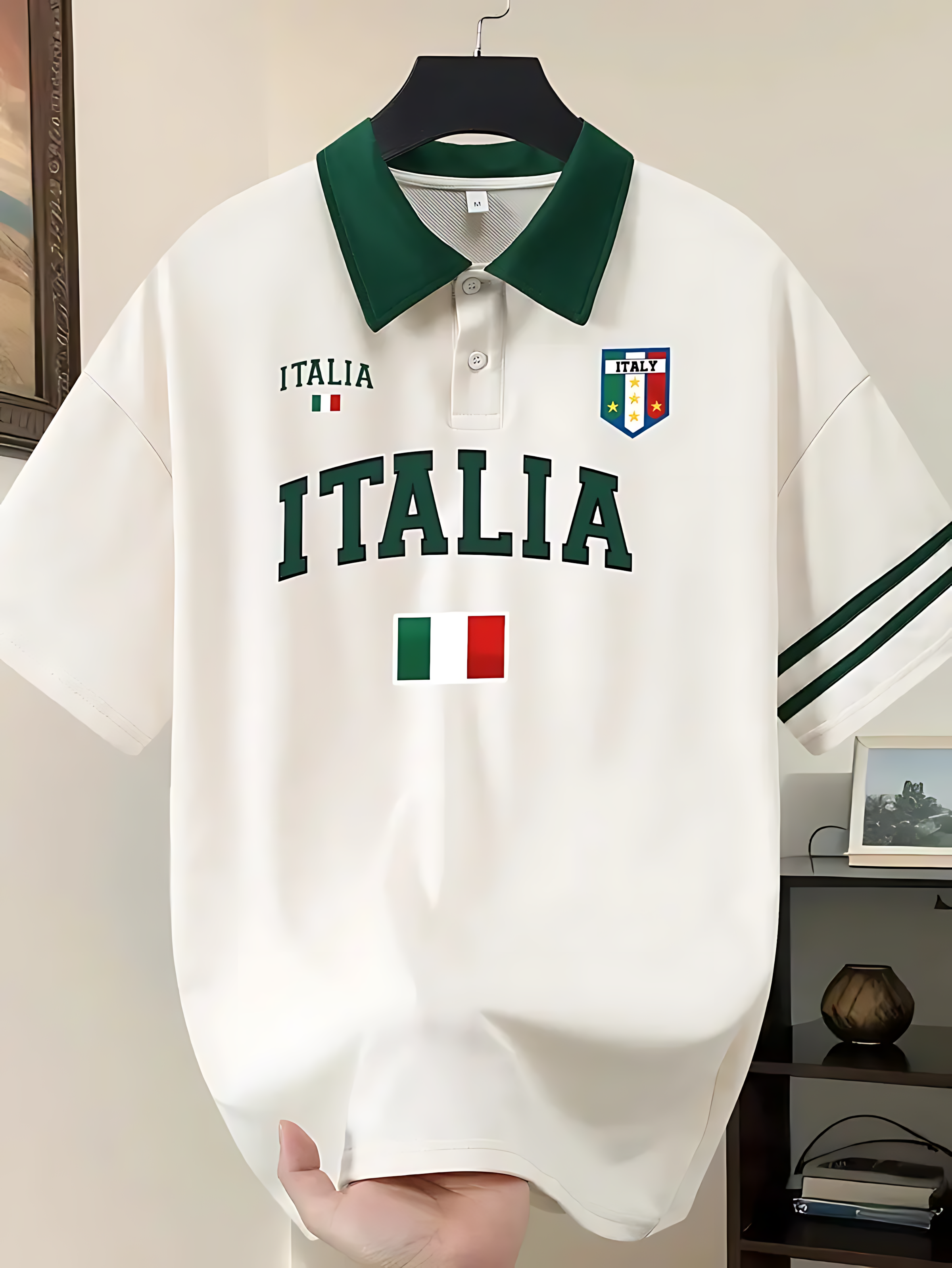 American men's summer striped Italian letter print comfortable and breathable polo short sleeved T-shirt outdoor casual top