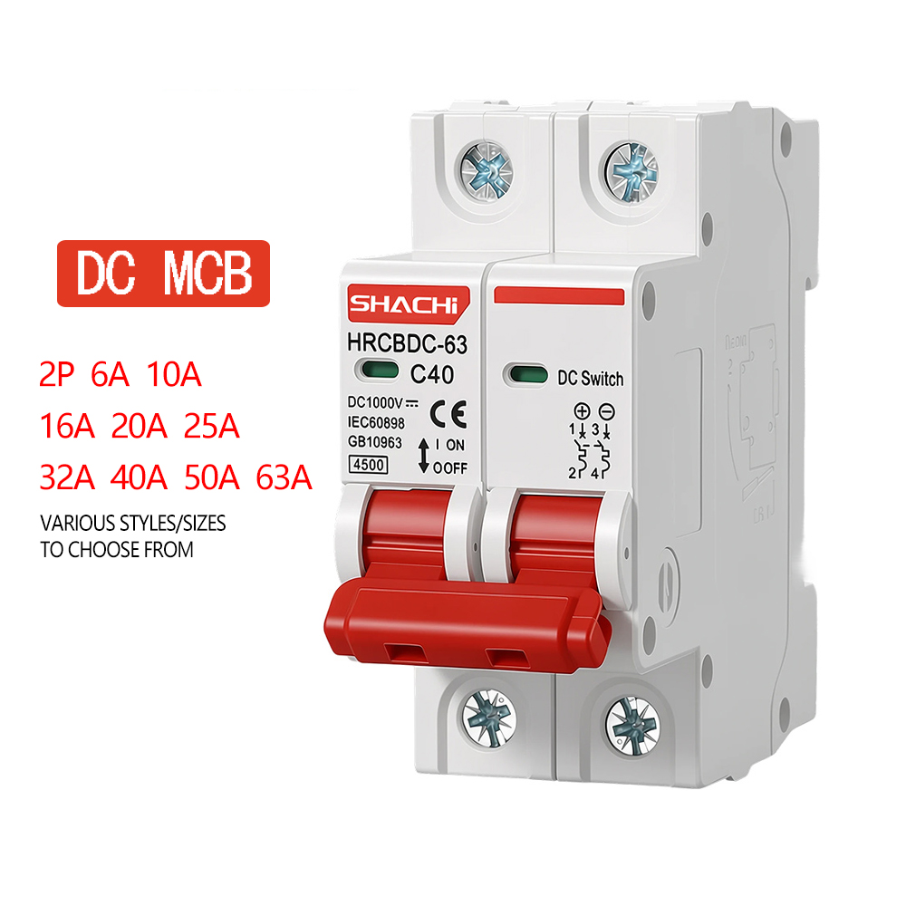 Disjoncteur miniature solaire SHACHI 2P DC MCB 1000V 3A 6A 10A 16A 20A 25A 32A 40A 50A 63A DC MCB pour système photovoltaïque