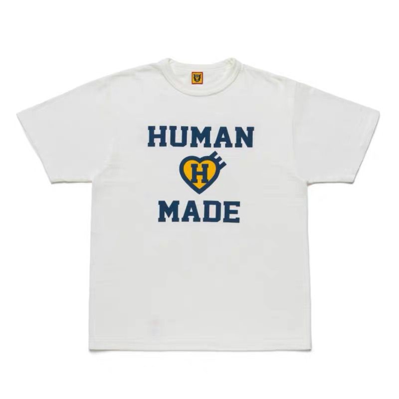 HUMAN MADE unisex T-shirt z okrągłym dekoltem, japoński retro nadruk z sercem i literami, gruba koszulka z krótkim rękawem z czystej bawełny