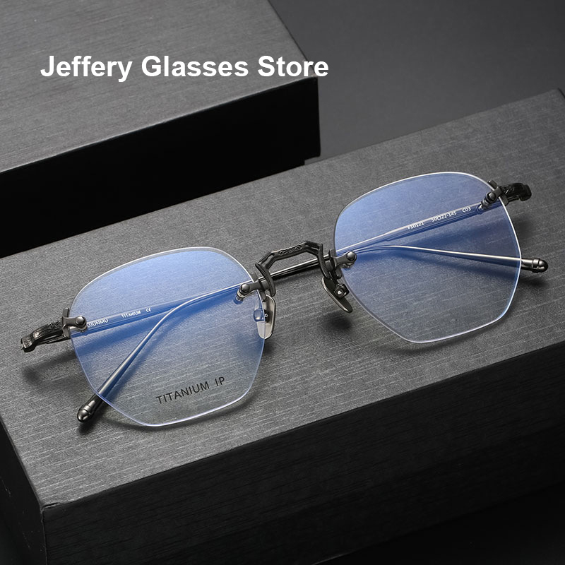 Lunettes de lecture en titane pur sans bords pour hommes, fait à la main, mode Simple, polygone, myopie, Prescription optique, monture