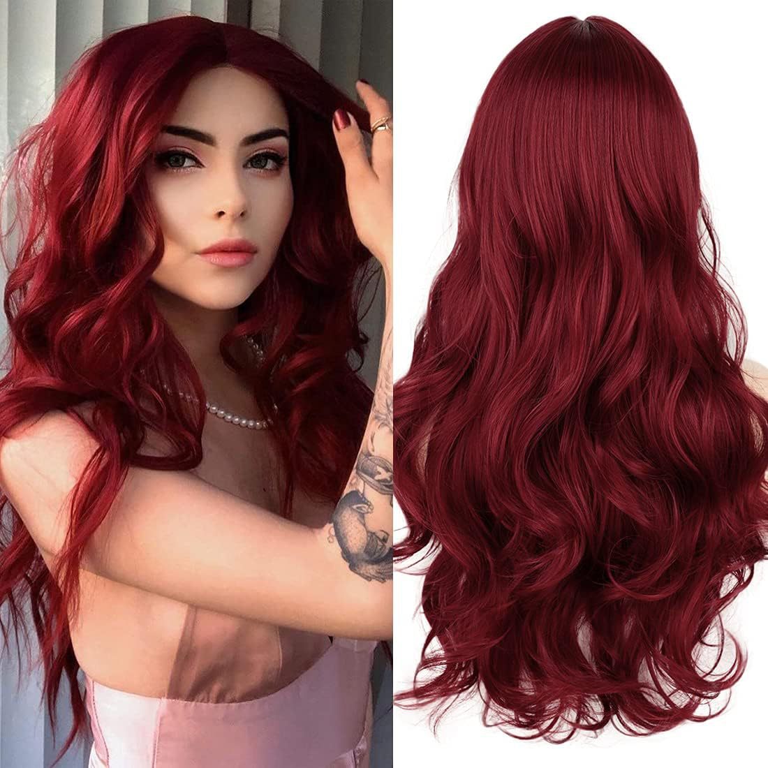 Borgonha peruca sintética senhoras parte média natural ondas grandes longo cabelo encaracolado diário cosplay alta temperatura seda chapelaria