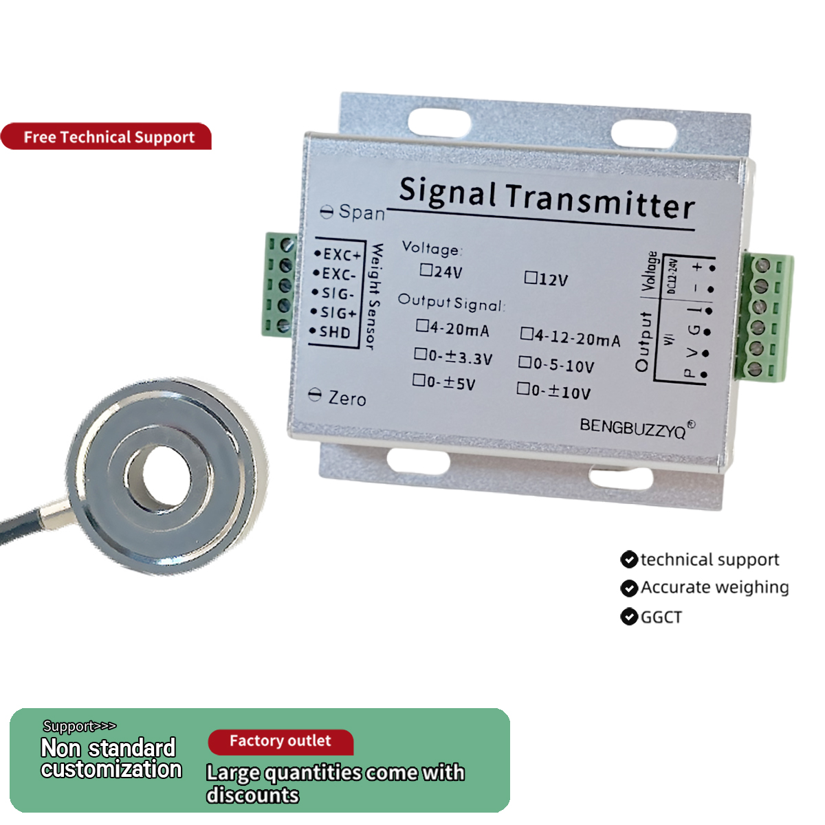 High Precision Ring Load Cell Donut Compression Sensor 50kg to 5t with 4-20mA 0-10V Signal Transmitter Amplifier Kit