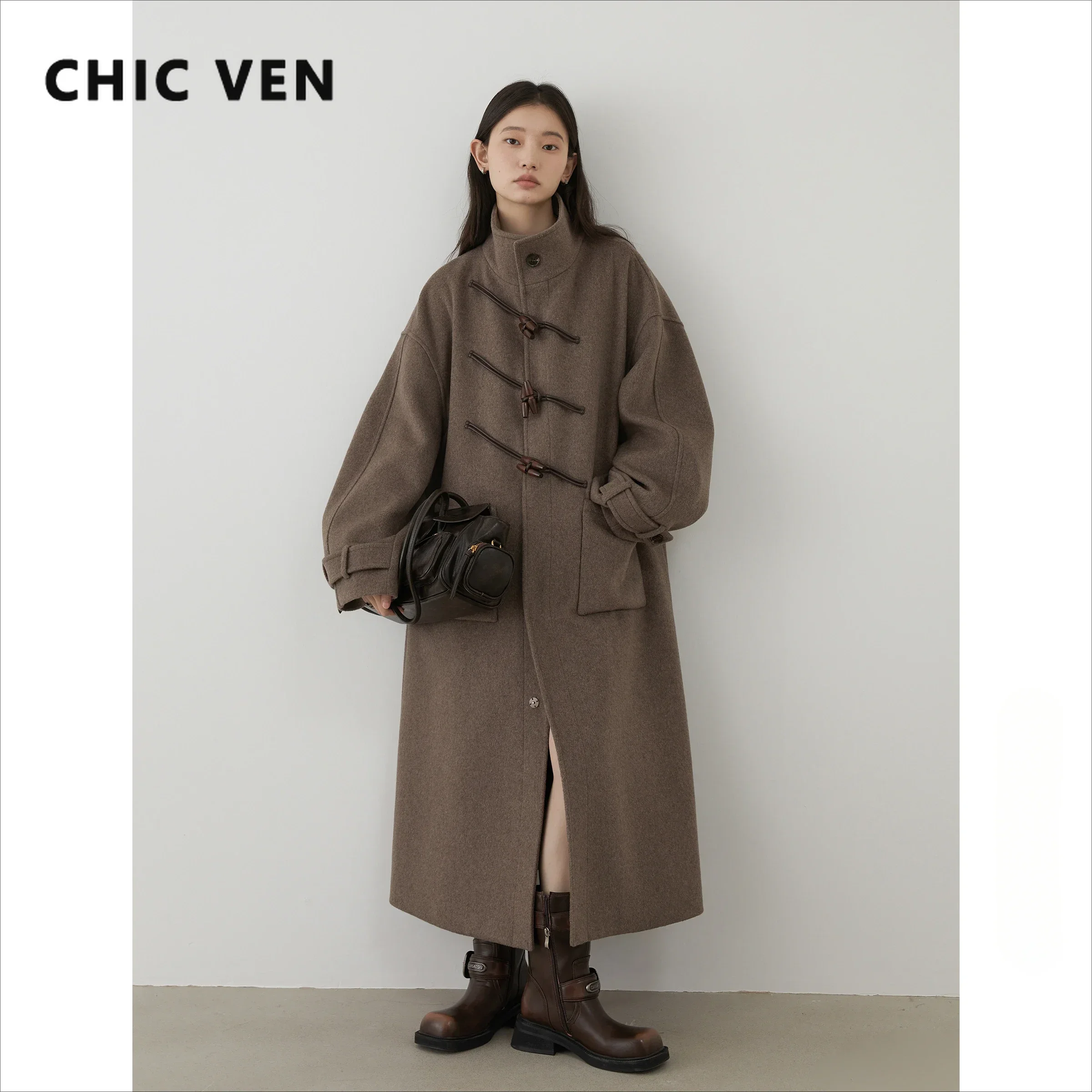 CHIC VEN женские длинные шерстяные пальто однобортное свободное пальто с воротником-стойкой на пуговицах офисное женское пальто осень-зима 2024
