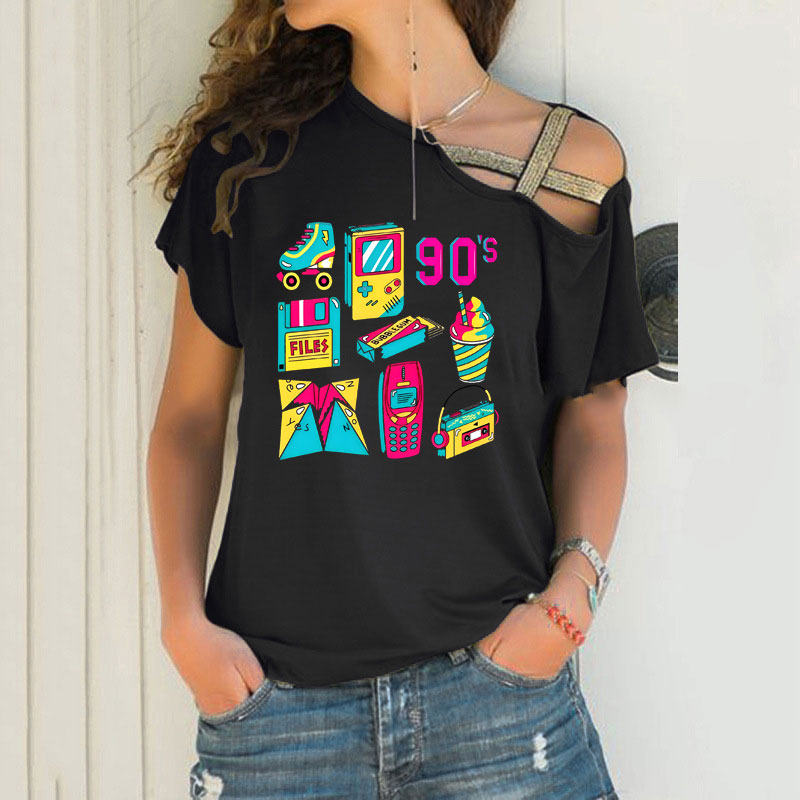 Mode Dames T-Shirt Sexy Off Shoulder Korte Mouw 90's Retro Gevoel Graphics Prin Onregelmatige Skew Cross Bandage Tops
