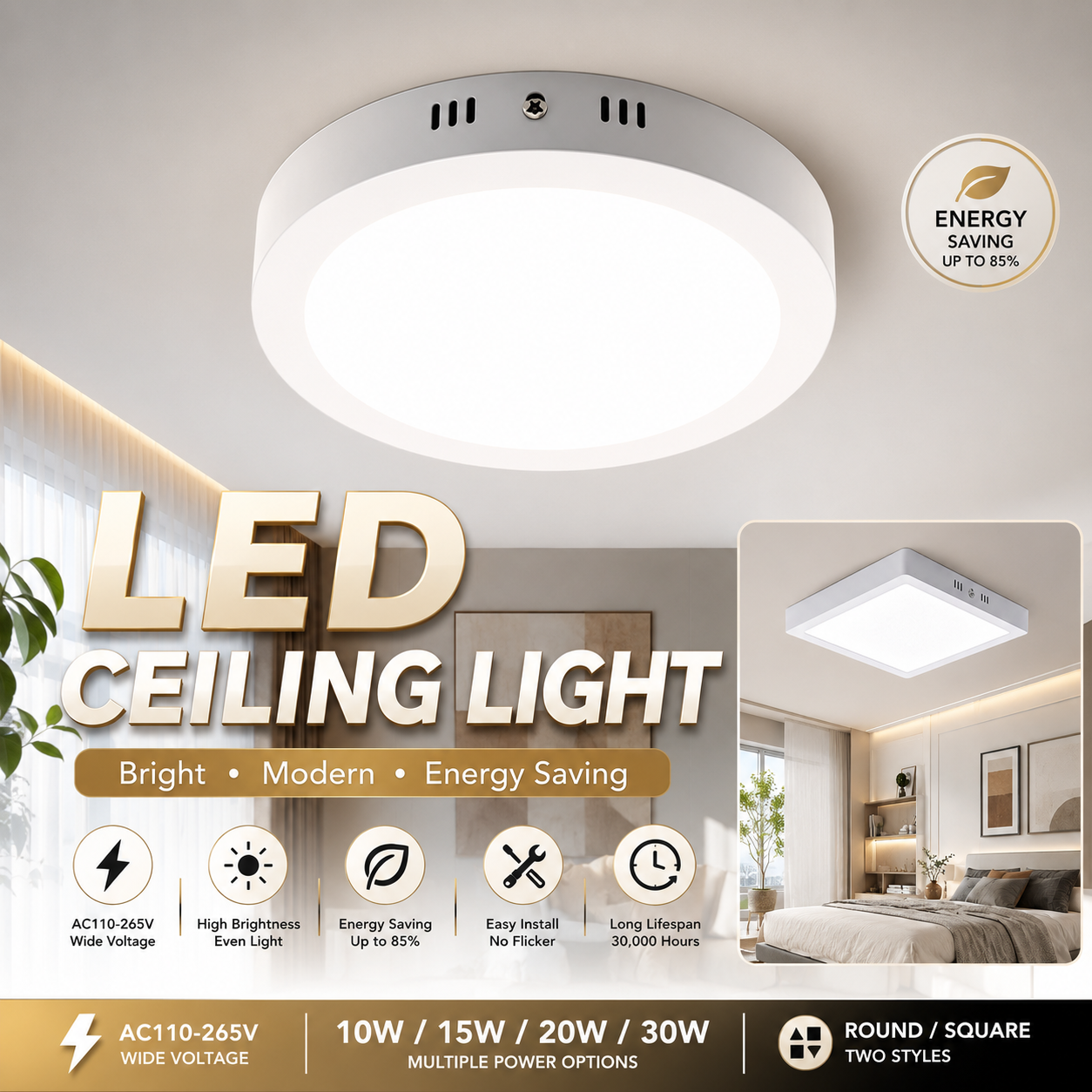 LED-Deckenleuchte, 110–265 V, ultradünnes Panel, LED-Licht für Wohnzimmer, Schlafzimmer, Innenbeleuchtung, 20 W, 30 W, quadratische runde Deckenleuchten