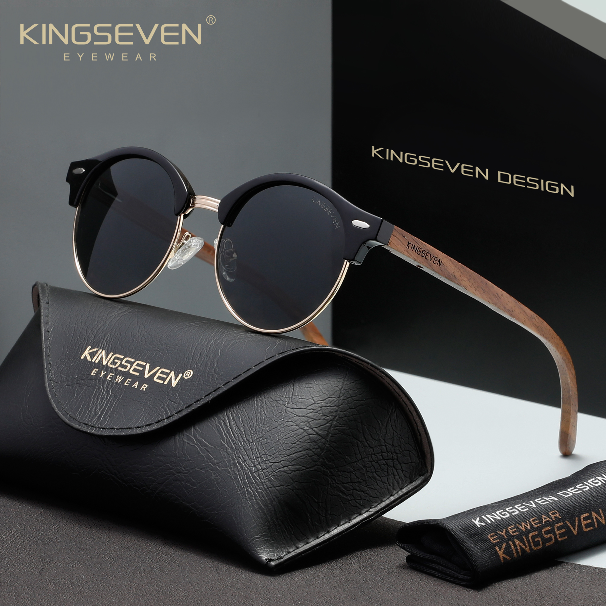 Óculos de Sol KINGSEVEN em Madeira de Nogueira Preta para Homens e Mulheres, Polarizados UV400, Acessórios de Óculos Retro com Lentes Espelhadas