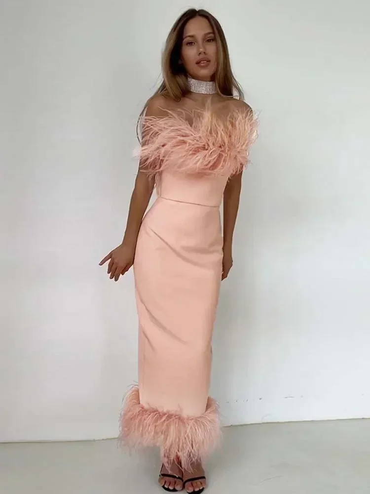 Bangniweigou-vestido de fiesta de tubo peludo con hombros descubiertos, elegante bata de fiesta por debajo de la rodilla con abertura para mujer, traje de noche rosa, blanco y negro para cumpleaños